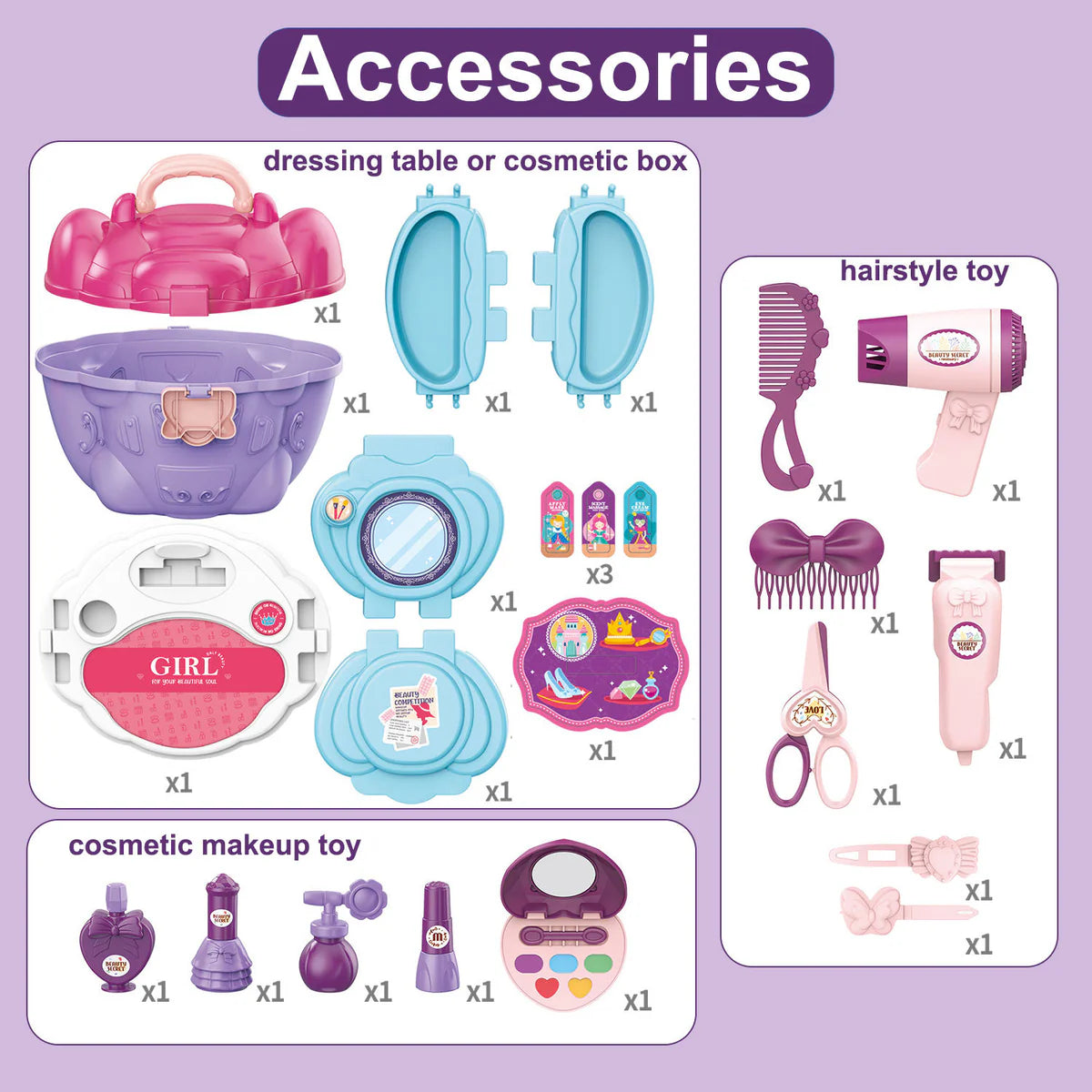 GELORDO 4-in-1 Dressing Table Play Set for Kids | Portable Makeup Toy Case